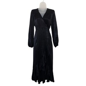 Flounce London Dress Size 8 Black Satin Wrap Maxi Whimsigoth Witchy Romantic‎